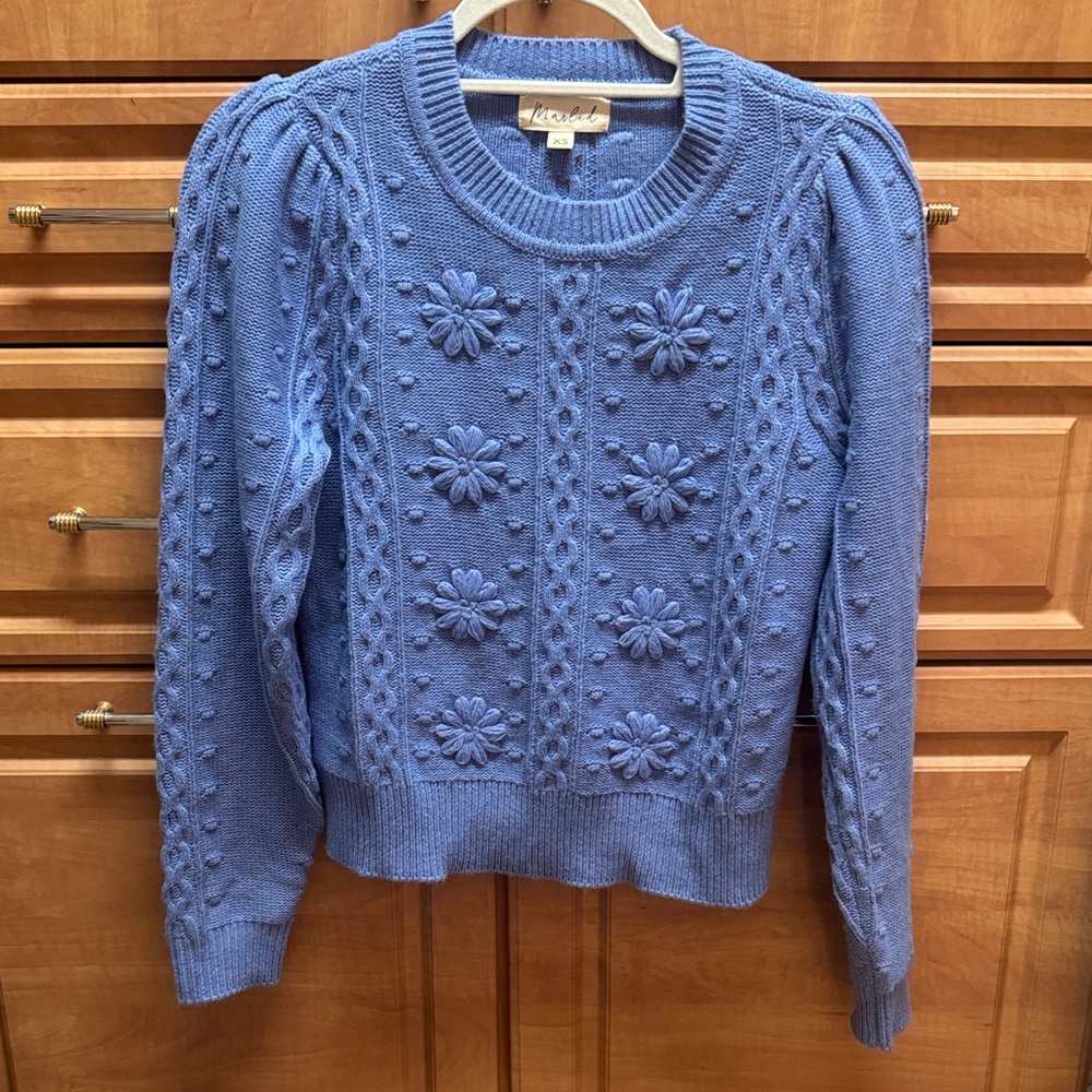 Marled Blue Floral Cable-Knit Crewneck Sweater
